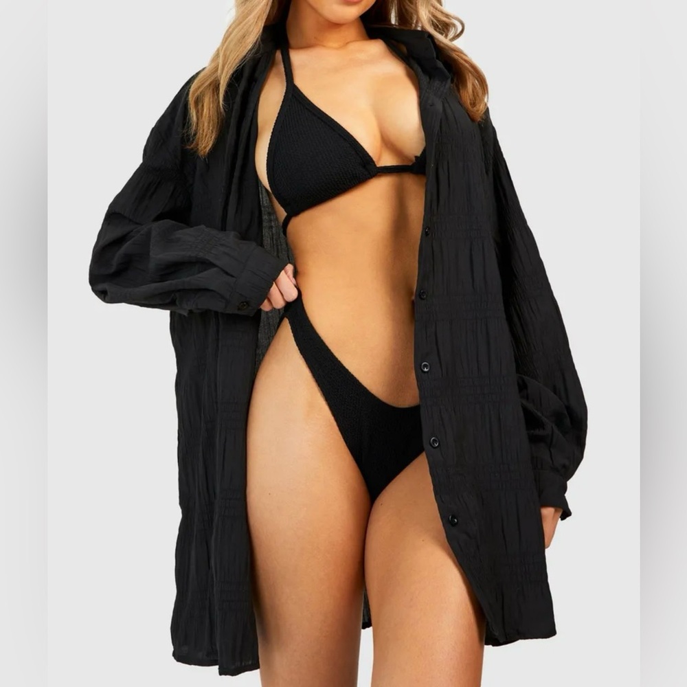 Boohoo Shirred Crinkle Oversized Beach Shirt